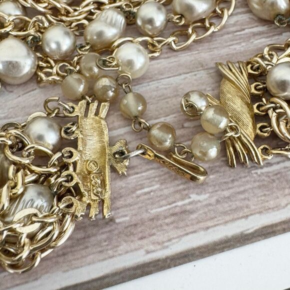 1950's MCM Coro 8 Strand Gold Chain and Pearl Bead Choker Bib Necklace 15” - Picture 10 of 11